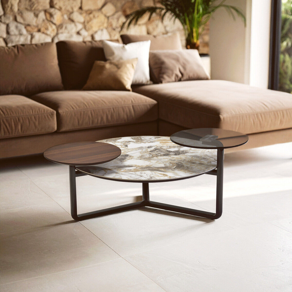 Aurora Grey Glass and Ceramic Marble Effect 3 Tier Coffee Table