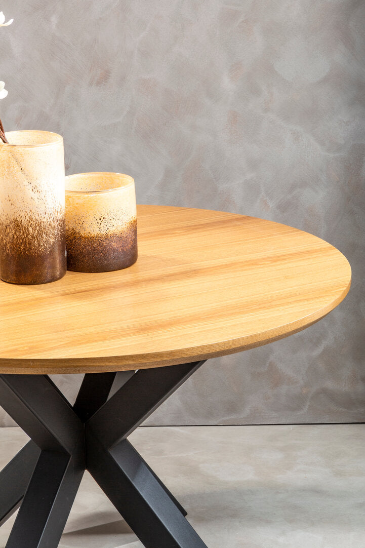 Sorrento Wood Veneer Round Dining Table With Black Metal Legs
