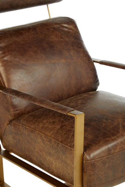Harrogate Brown Leather Lounge Chair with Rose Gold Iron Frame