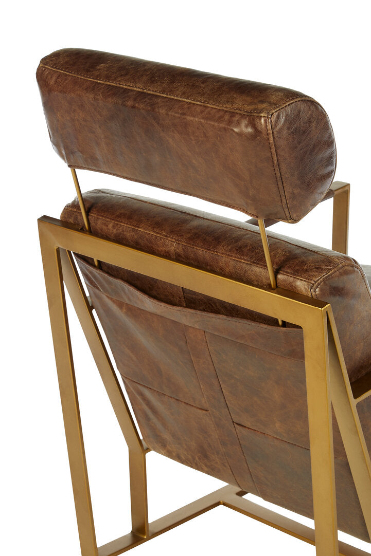 Harrogate Brown Leather Lounge Chair with Rose Gold Iron Frame