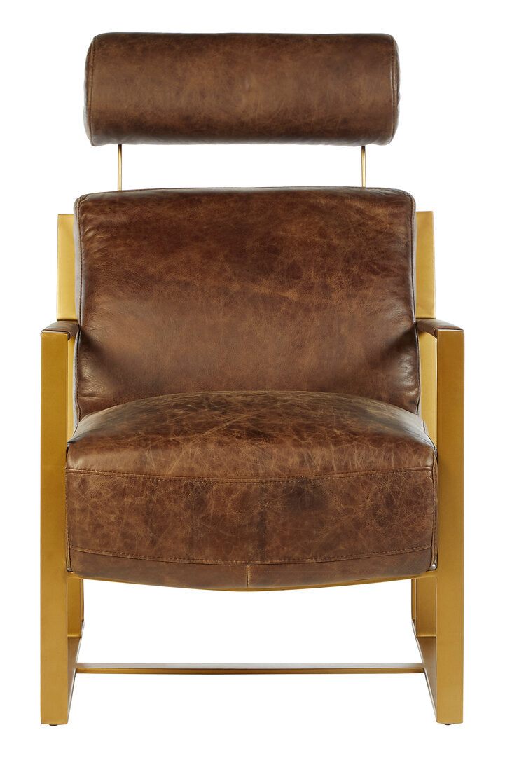 Harrogate Brown Leather Lounge Chair with Rose Gold Iron Frame