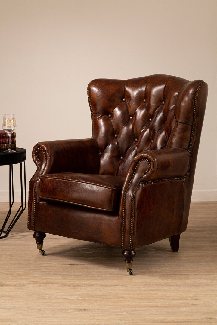 Verona Brown Leather Scroll Armchair