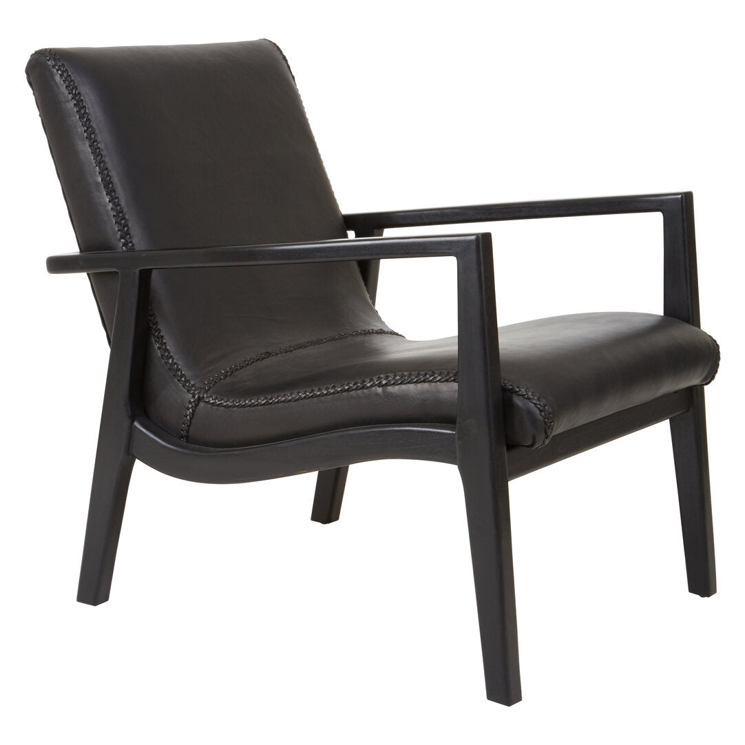 Seville Black Leather and Teak Wood Armchair