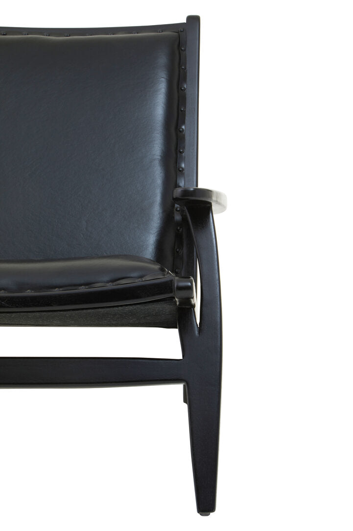 Seville Black Leather and Teak Wood Chair with Stud Detail