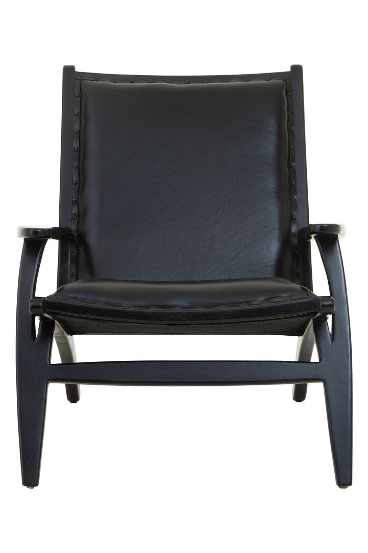 Seville Black Leather and Teak Wood Chair with Stud Detail