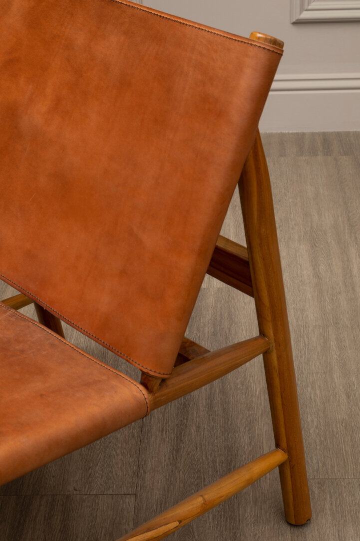 Seville Teak Wood and Brown Leather Chair