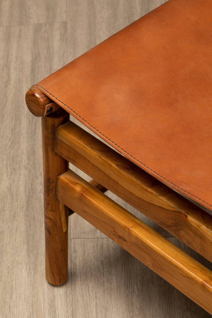 Seville Teak Wood and Brown Leather Chair