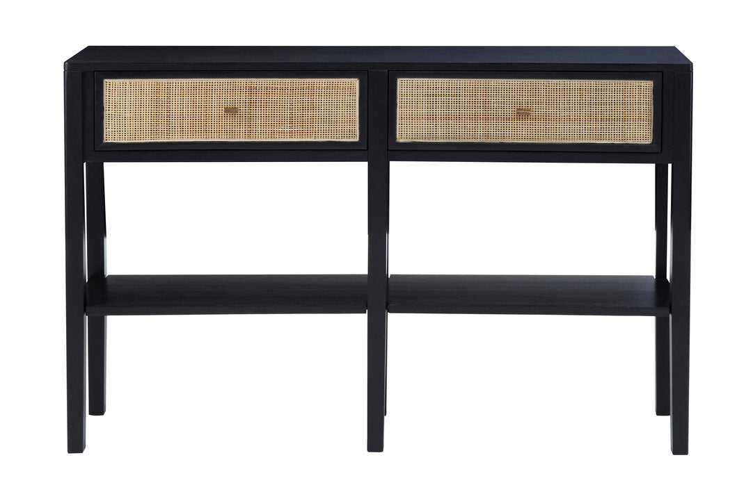 Hudson Black Console Table with Rattan Drawers