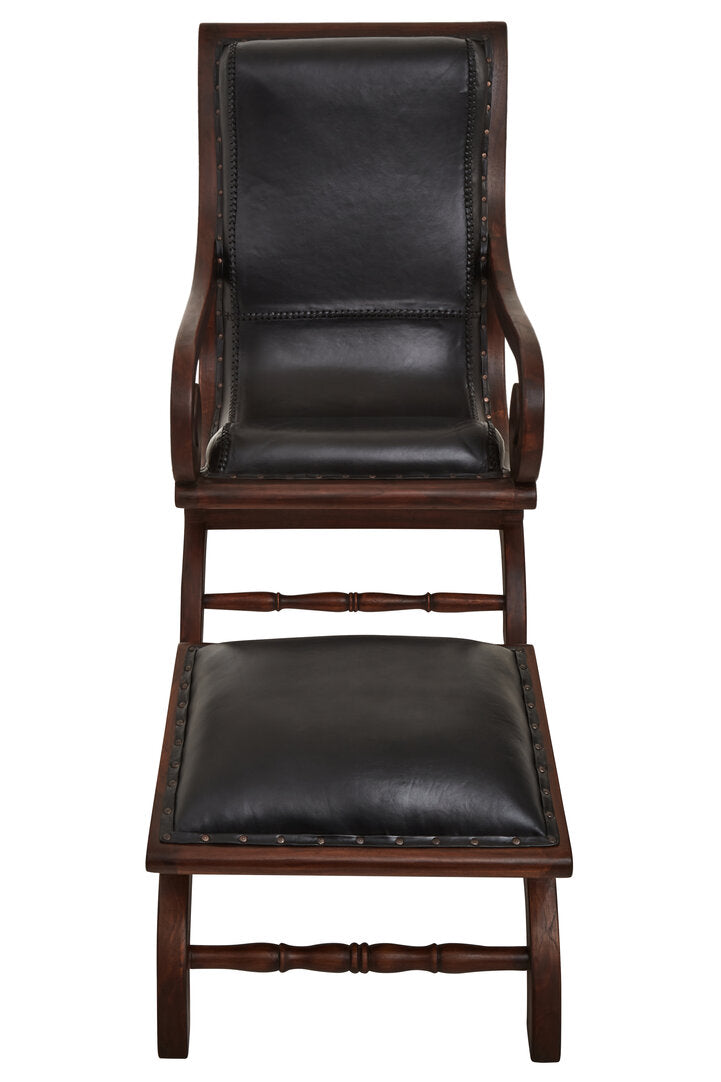 Carlton Genuine Black Leather and Teak Lounge Chair with Footstool