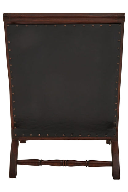 Carlton Genuine Black Leather and Teak Lounge Chair with Footstool