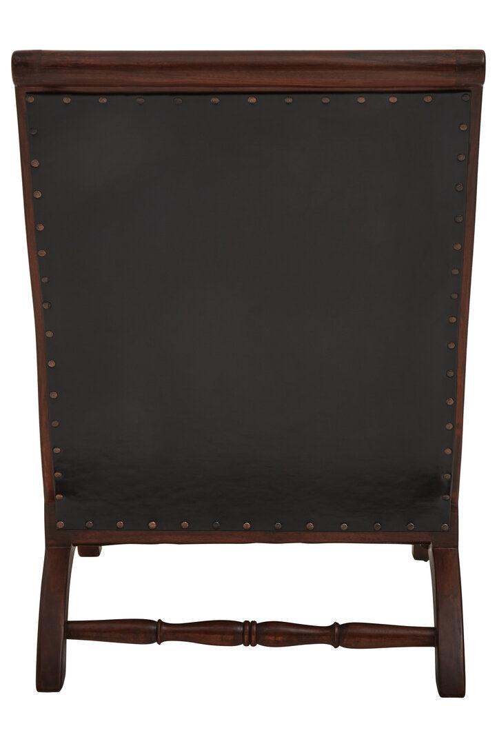 Carlton Genuine Black Leather and Teak Lounge Chair with Footstool