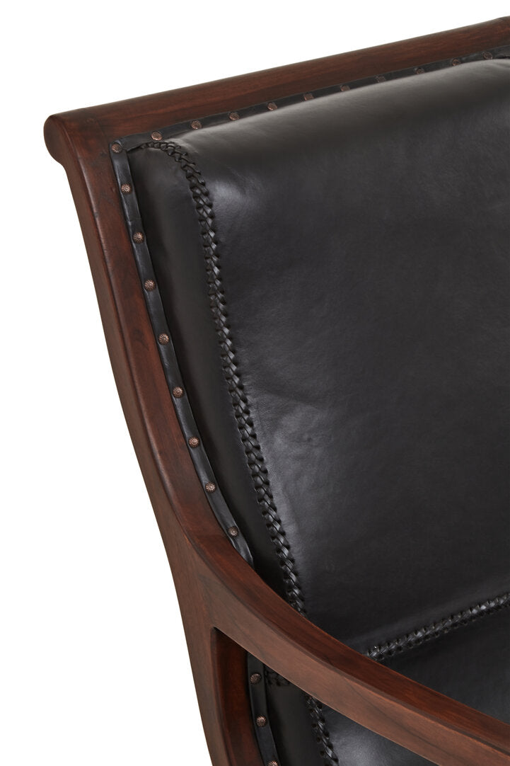 Carlton Genuine Black Leather and Teak Lounge Chair with Footstool