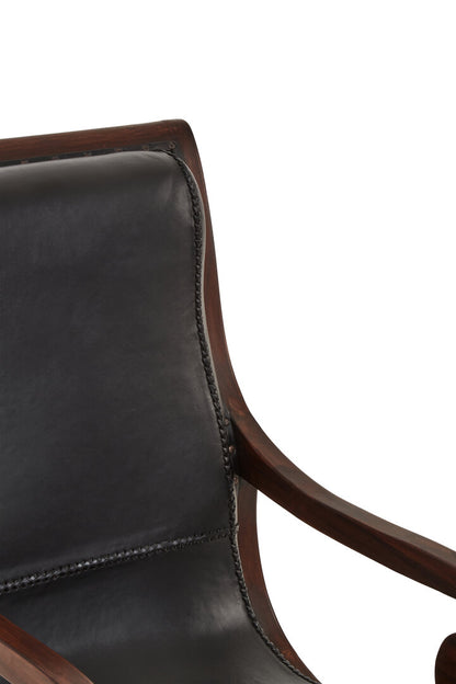 Carlton Genuine Black Leather and Teak Lounge Chair with Footstool