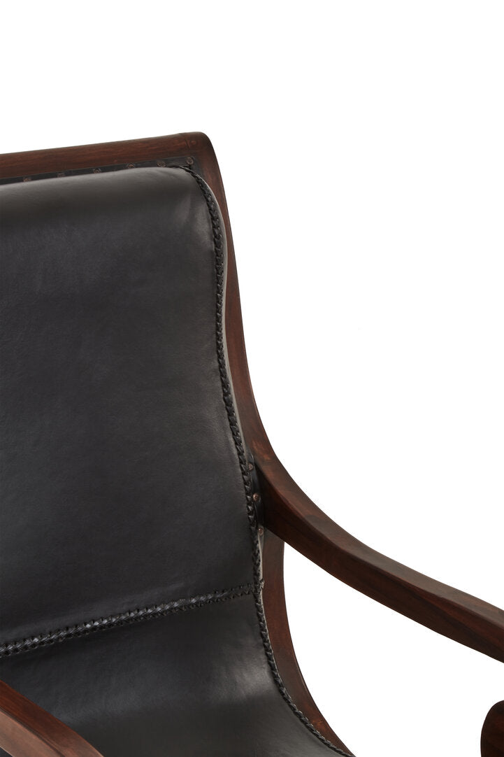 Carlton Genuine Black Leather and Teak Lounge Chair with Footstool