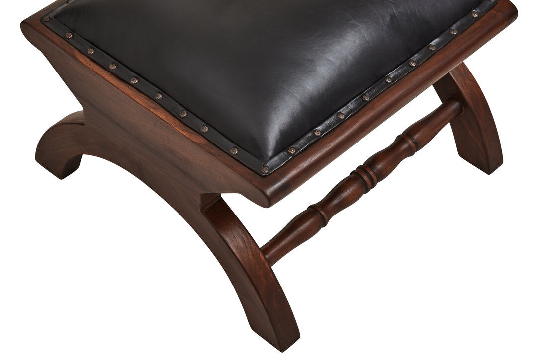 Carlton Genuine Black Leather and Teak Lounge Chair with Footstool