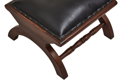Carlton Genuine Black Leather and Teak Lounge Chair with Footstool