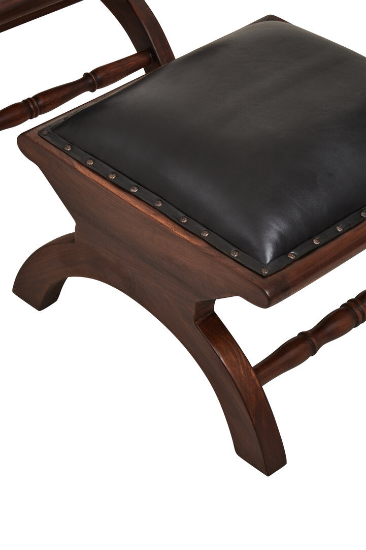 Carlton Genuine Black Leather and Teak Lounge Chair with Footstool