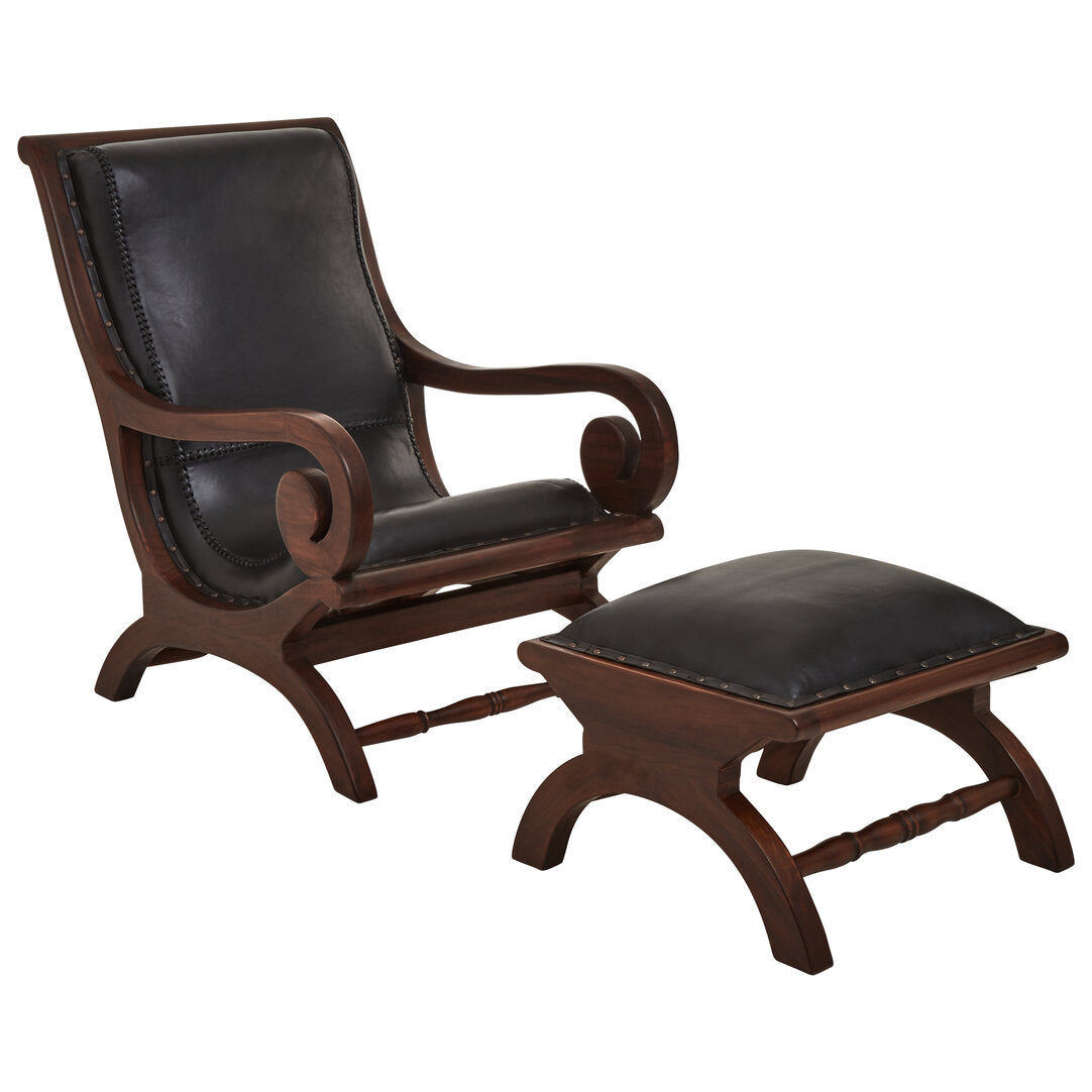 Carlton Genuine Black Leather and Teak Lounge Chair with Footstool