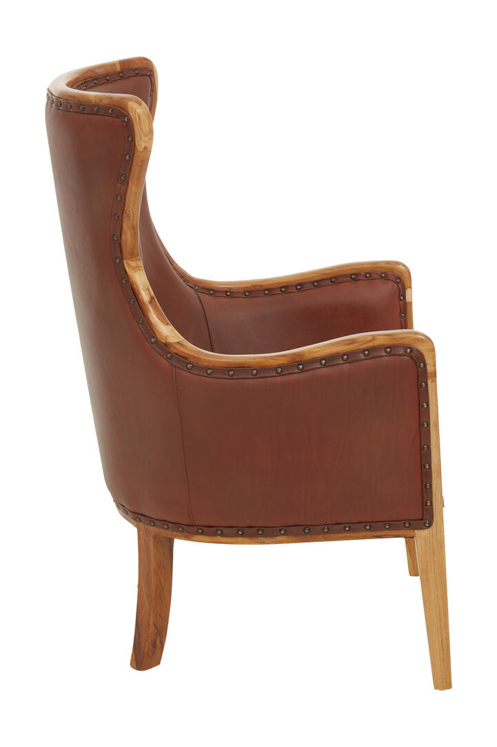 Seville Brown Cow Leather and Teak Wood Frame Chair