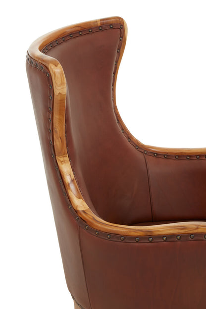 Seville Brown Cow Leather and Teak Wood Frame Chair