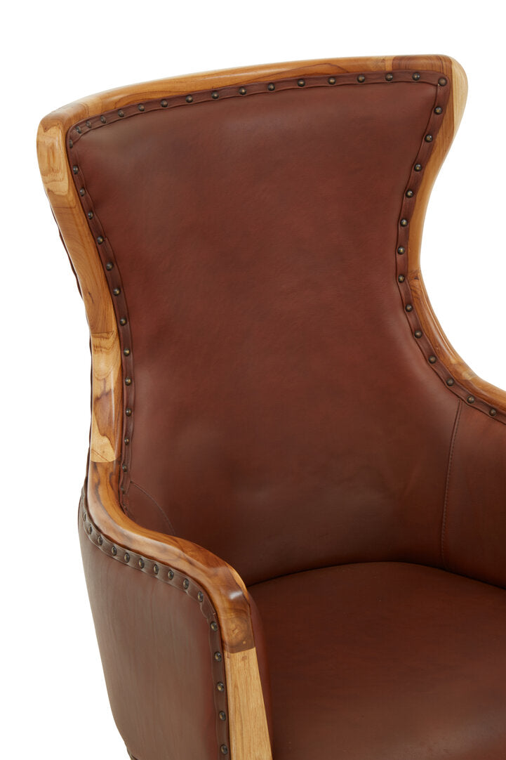 Seville Brown Cow Leather and Teak Wood Frame Chair
