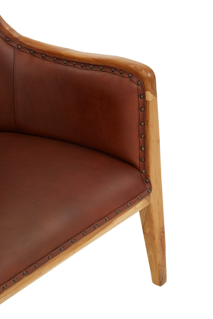 Seville Brown Cow Leather and Teak Wood Frame Chair
