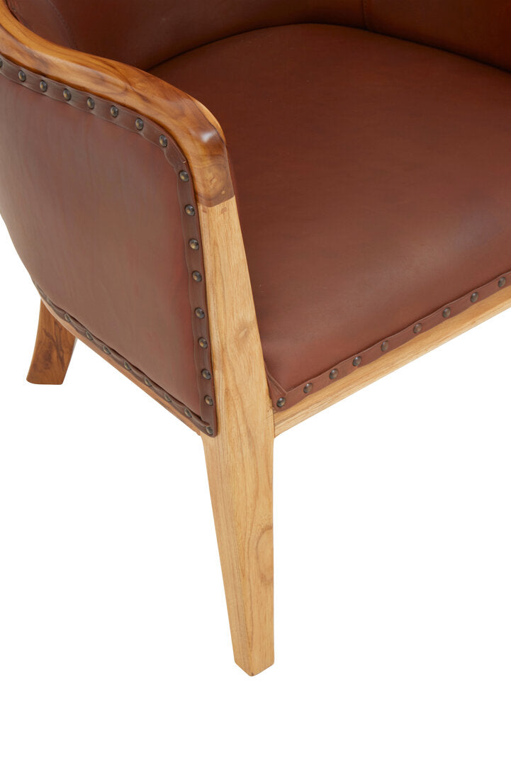 Seville Brown Cow Leather and Teak Wood Frame Chair