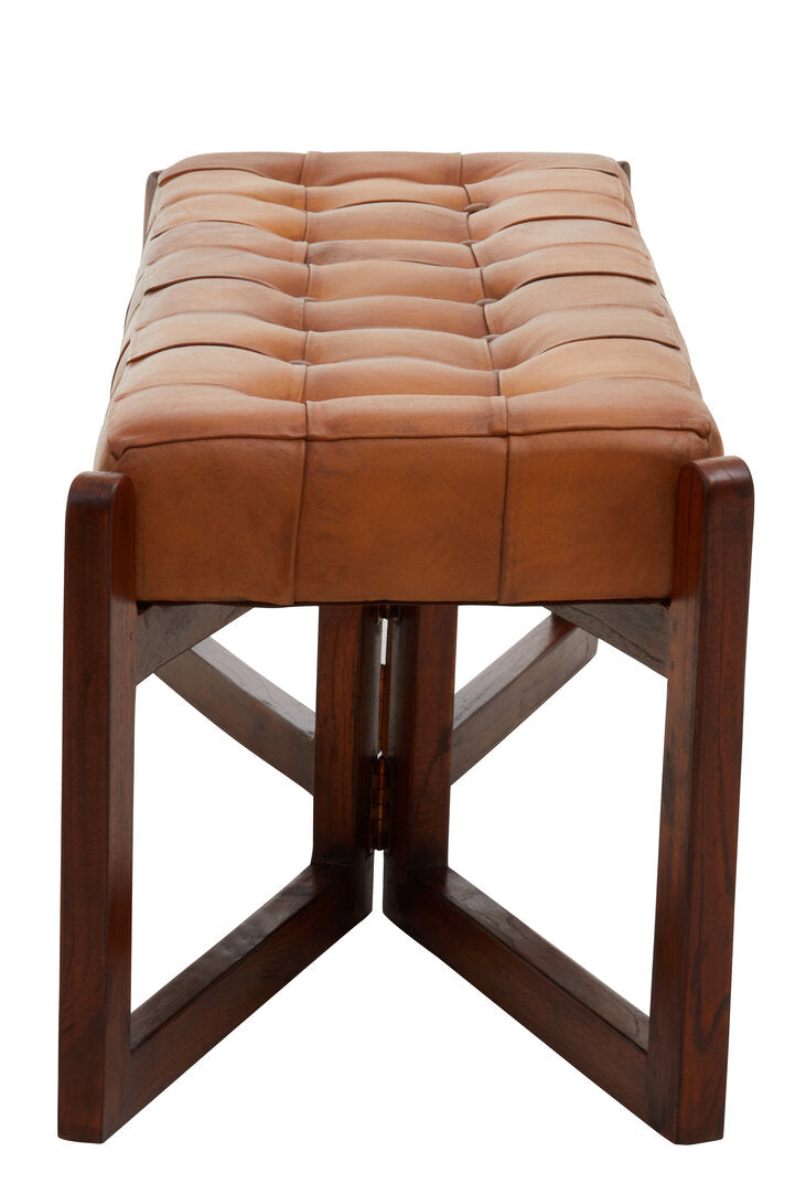 Carlton Brown Leather Bench With Wooden Base