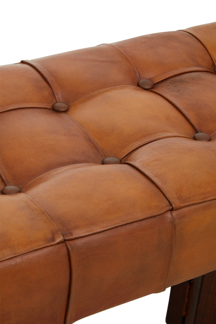 Carlton Brown Leather Bench With Wooden Base