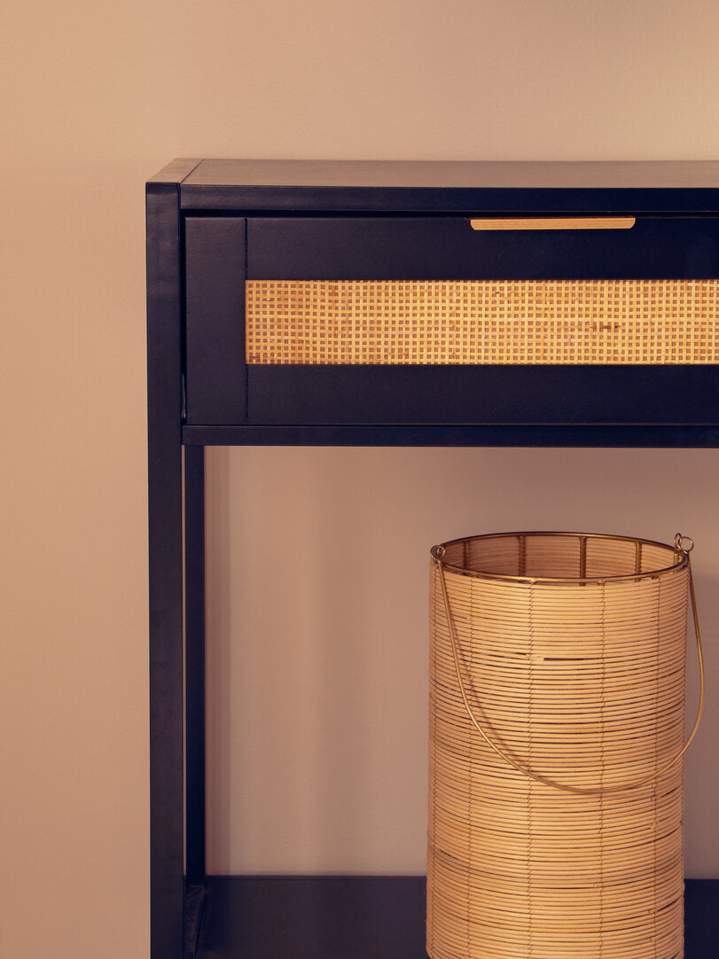 Como Black Wood and Rattan Two Drawer Console Table