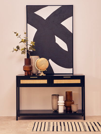 Como Black Wood and Rattan Two Drawer Console Table