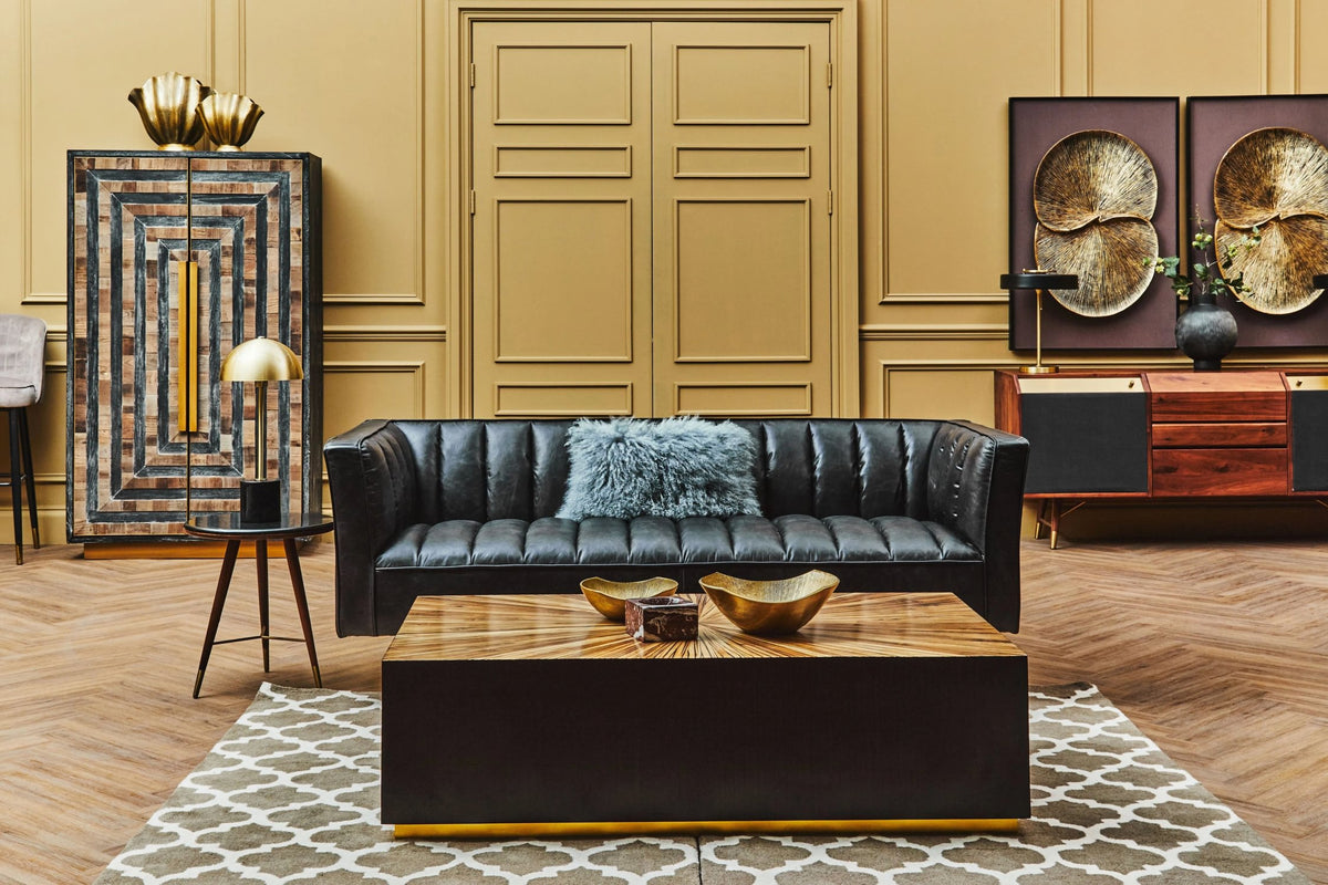 Bath Black Leather Three Seat Sofa with Flared Arms