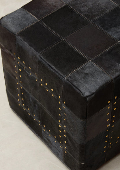 Looe Black Patchwork Leather Pouffe with Gold Studs