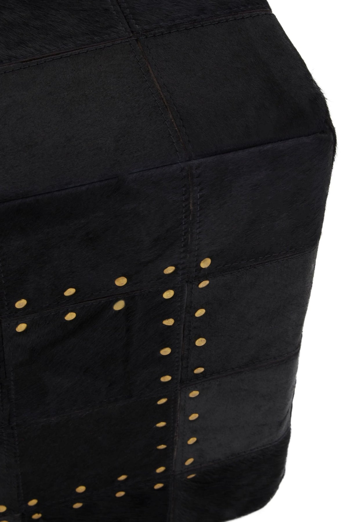 Looe Black Patchwork Leather Pouffe with Gold Studs