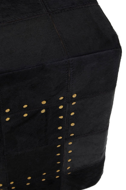 Looe Black Patchwork Leather Pouffe with Gold Studs