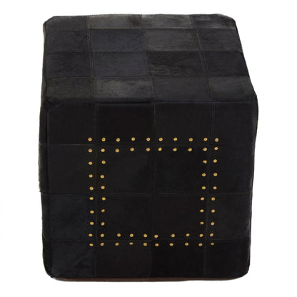 Looe Black Patchwork Leather Pouffe with Gold Studs