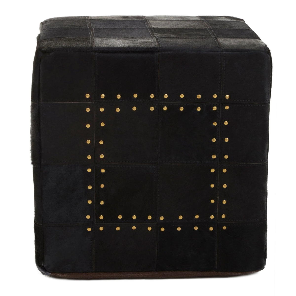 Looe Black Patchwork Leather Pouffe with Gold Studs