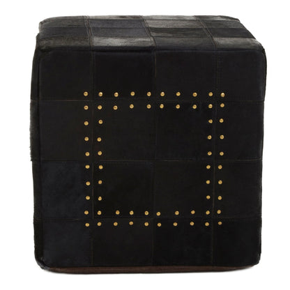 Looe Black Patchwork Leather Pouffe with Gold Studs