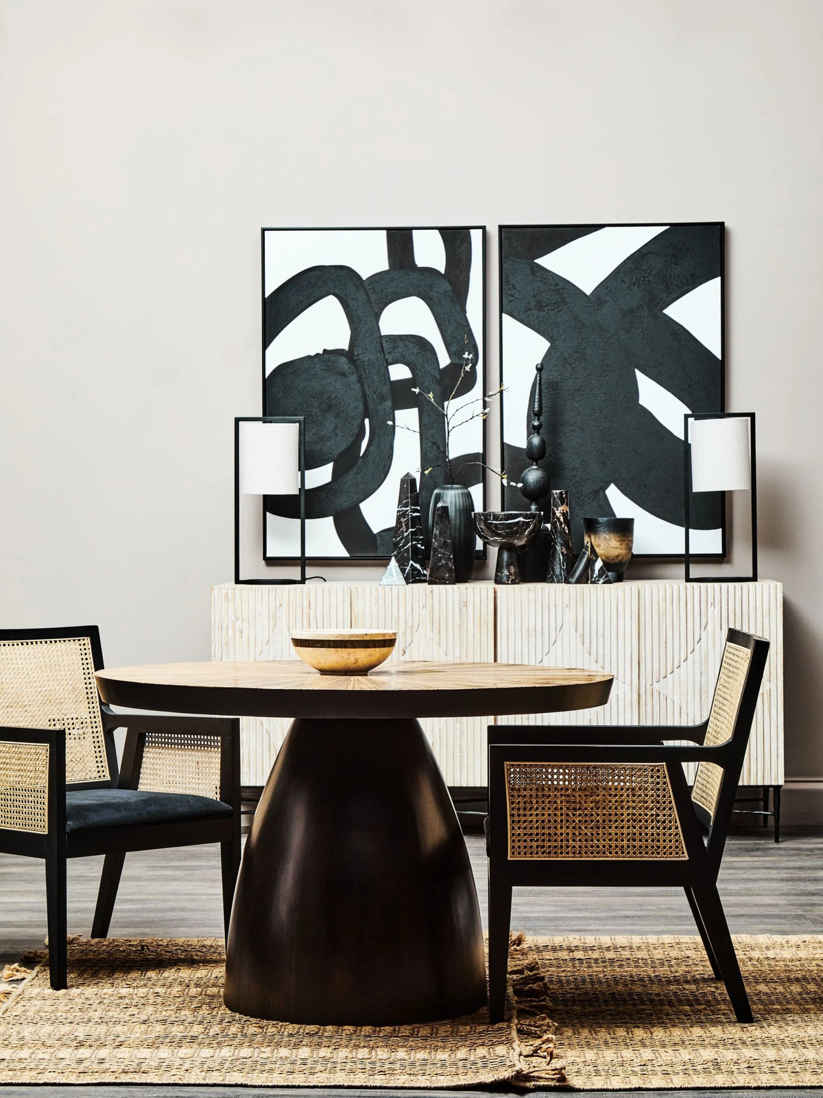 Hudson Black Velvet and Natural Rattan Chair