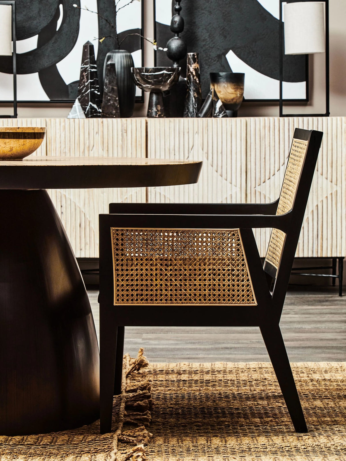 Hudson Black Velvet and Natural Rattan Chair