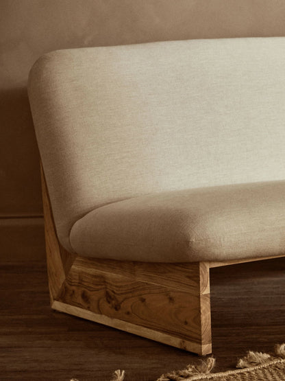 Notting Cream Linen Textured 2 Seater Armless Sofa with Wood Base