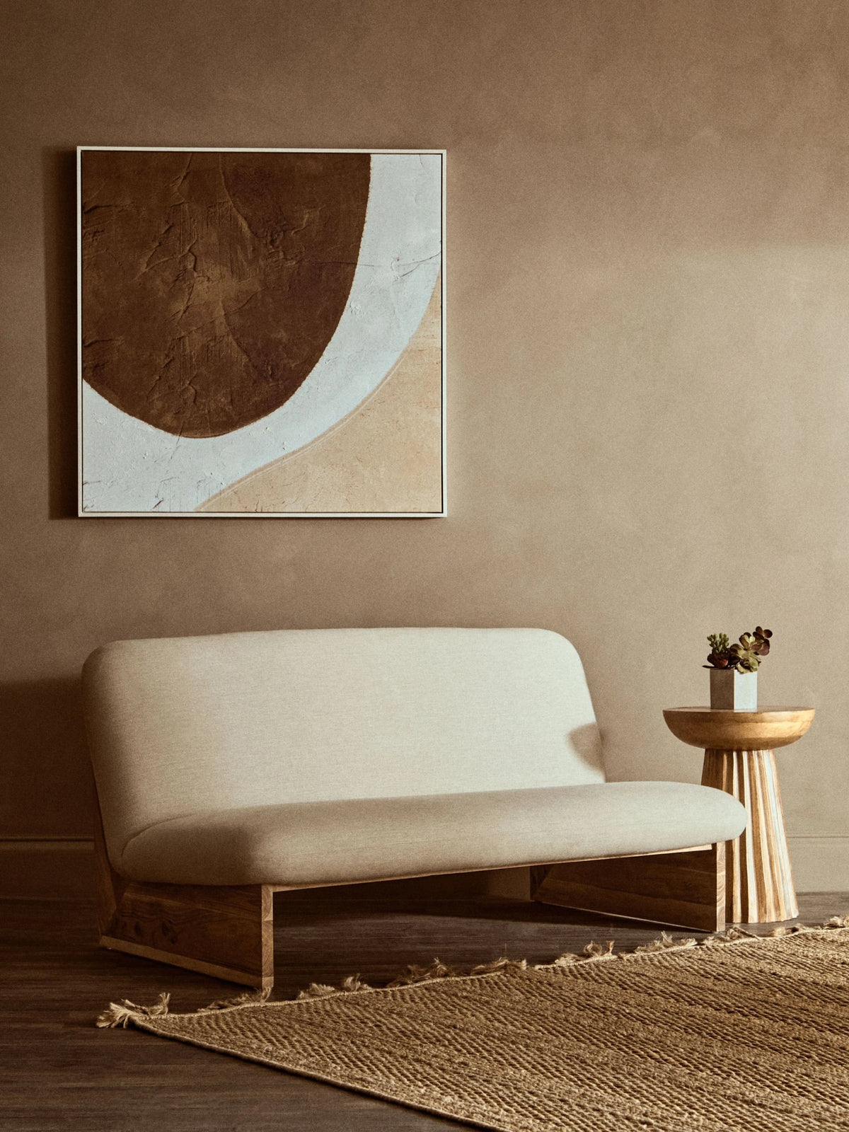 Notting Cream Linen Textured 2 Seater Armless Sofa with Wood Base