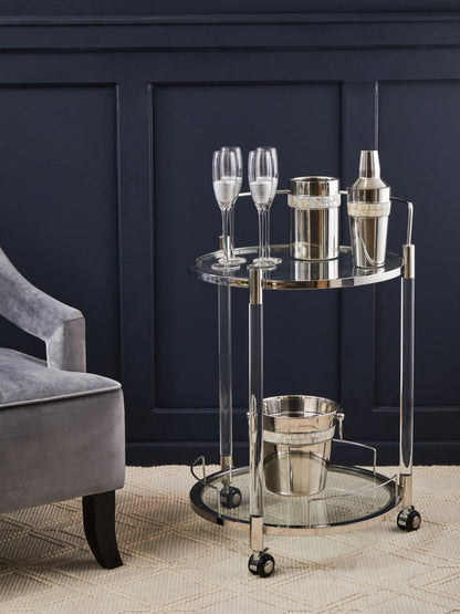 Amalfi Silver Metal and Acrylic Frame 2 Tier Round Drinks Trolley
