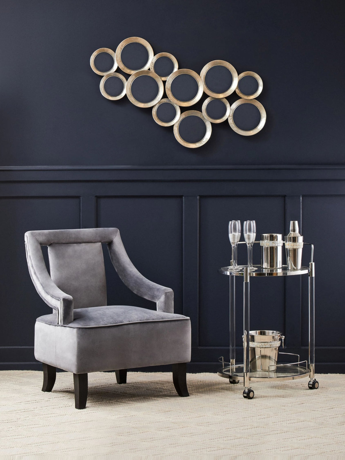 Amalfi Silver Metal and Acrylic Frame 2 Tier Round Drinks Trolley