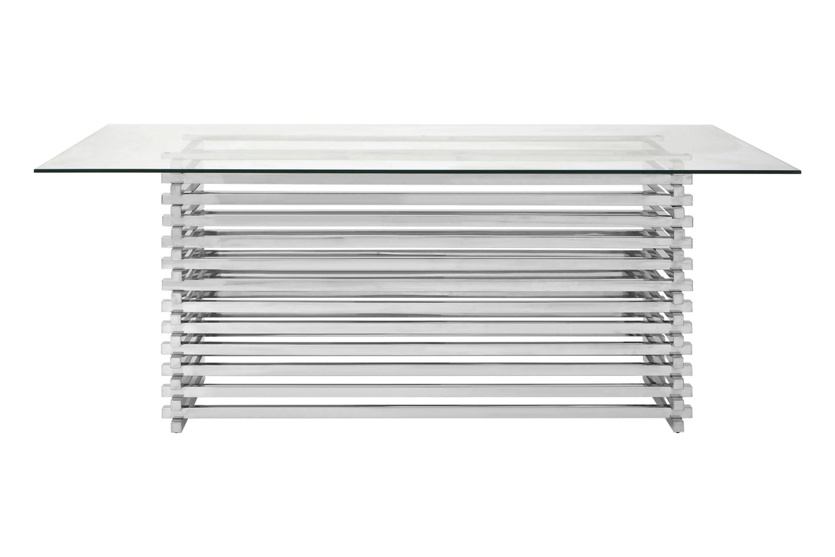 Valencia Rectangular Glass Top Dining Table with Slatted Silver Base