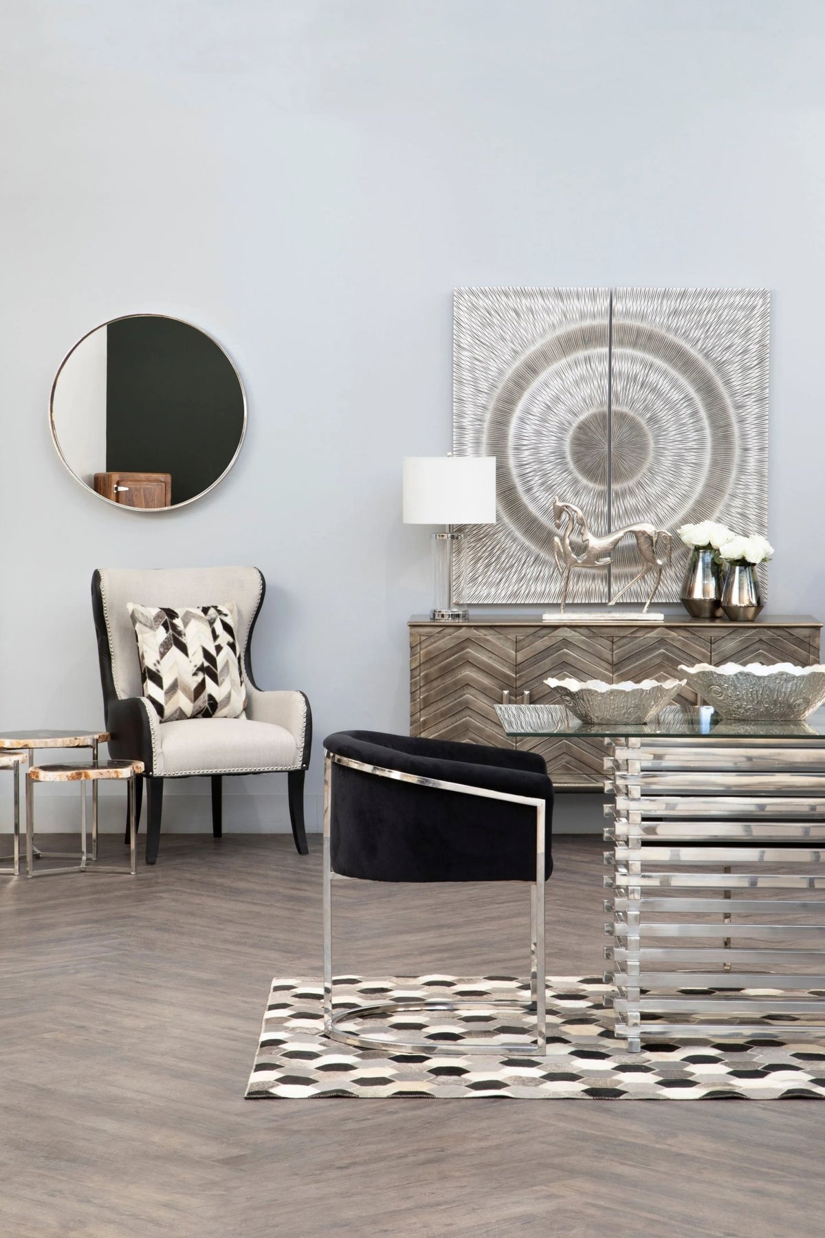 Valencia Rectangular Glass Top Dining Table with Slatted Silver Base