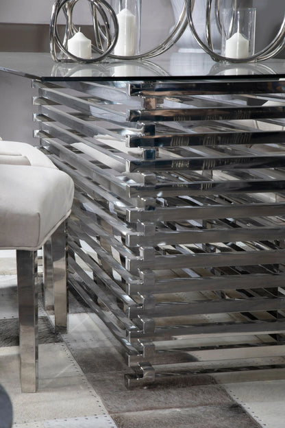 Valencia Rectangular Glass Top Dining Table with Slatted Silver Base