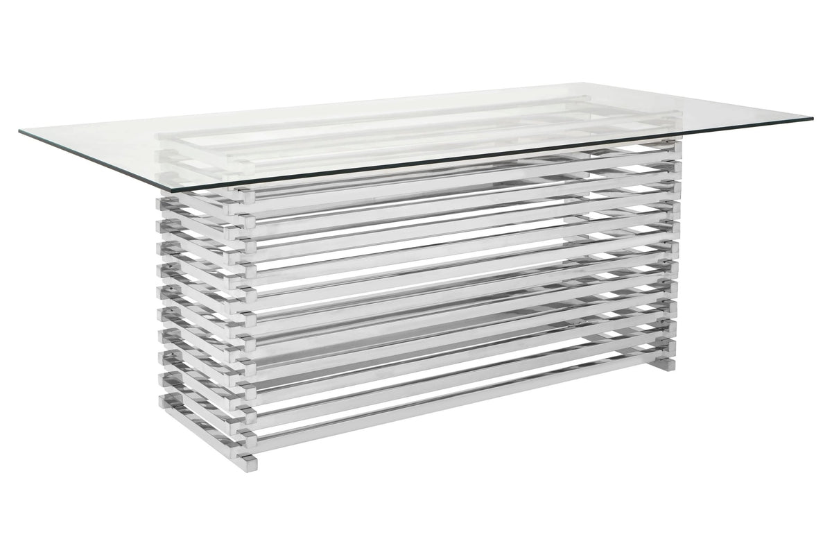 Valencia Rectangular Glass Top Dining Table with Slatted Silver Base