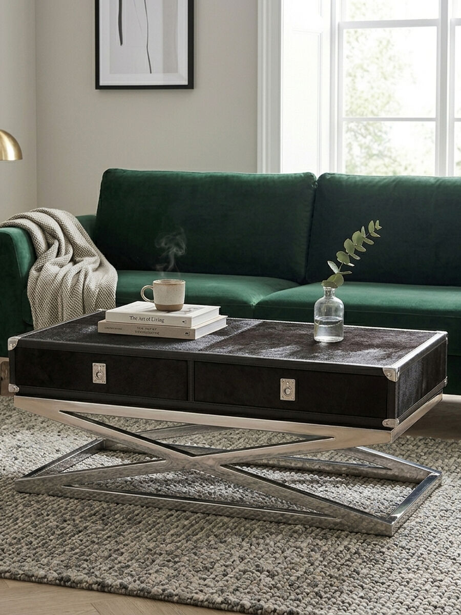 Vienna Black Hair On Leather Coffee Table with Metal Frame 