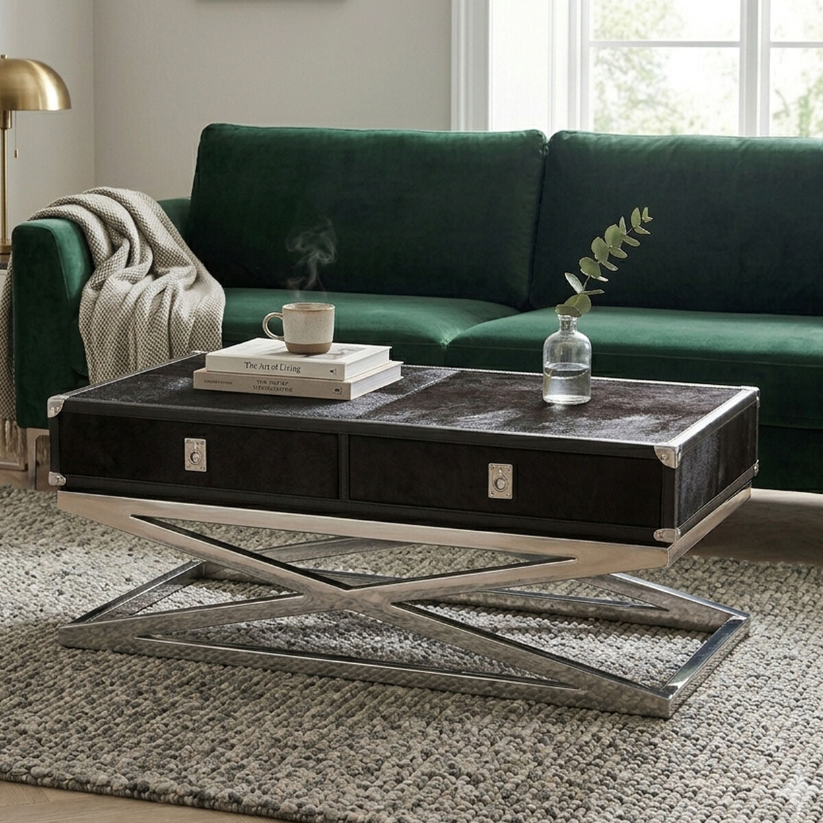 Vienna Black Hair On Leather Coffee Table with Metal Frame 